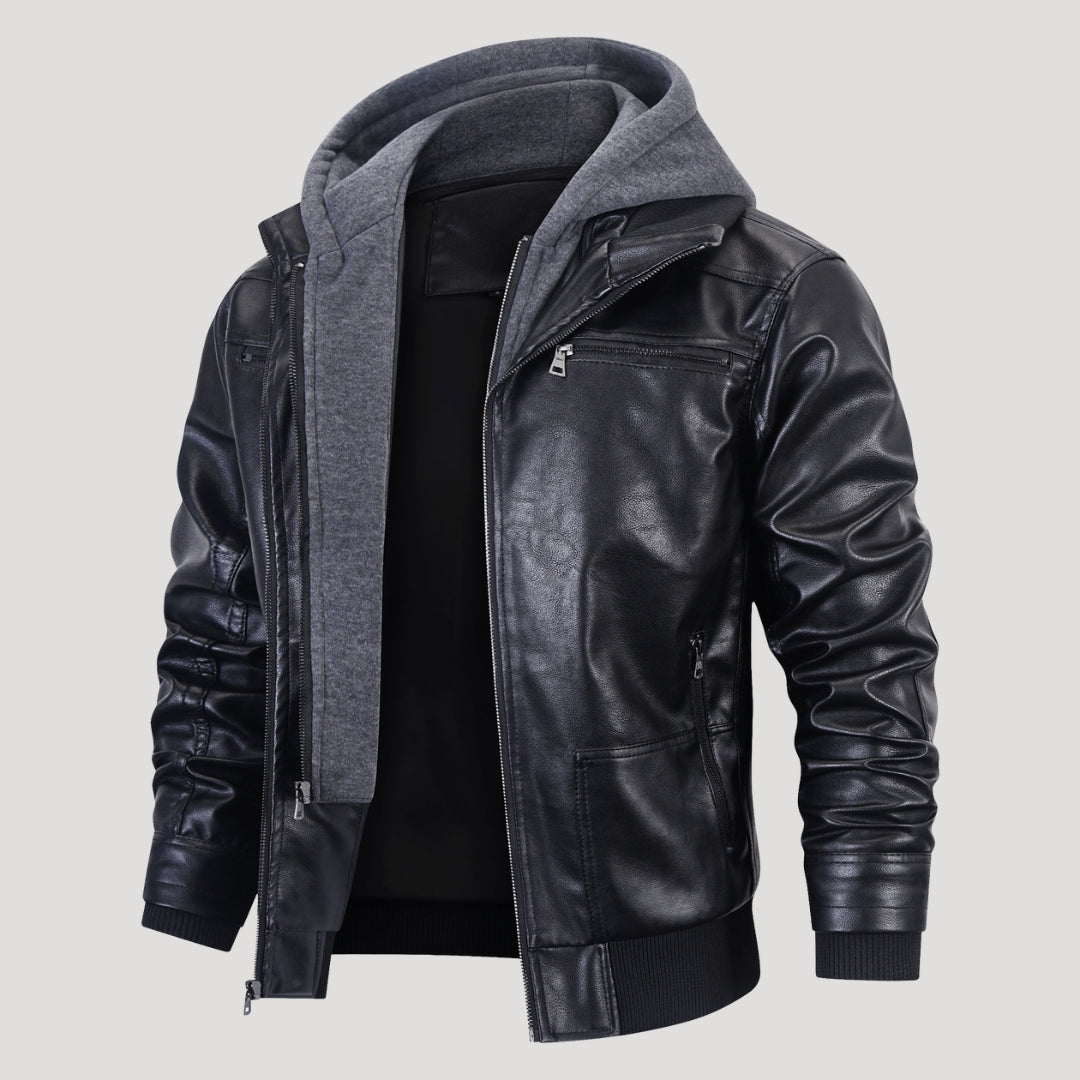 Men’s Black Leather Hooded Bomber Jacket With Zip Pockets