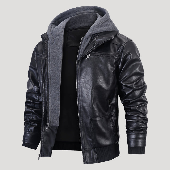Men’s Black Leather Hooded Bomber Jacket With Zip Pockets