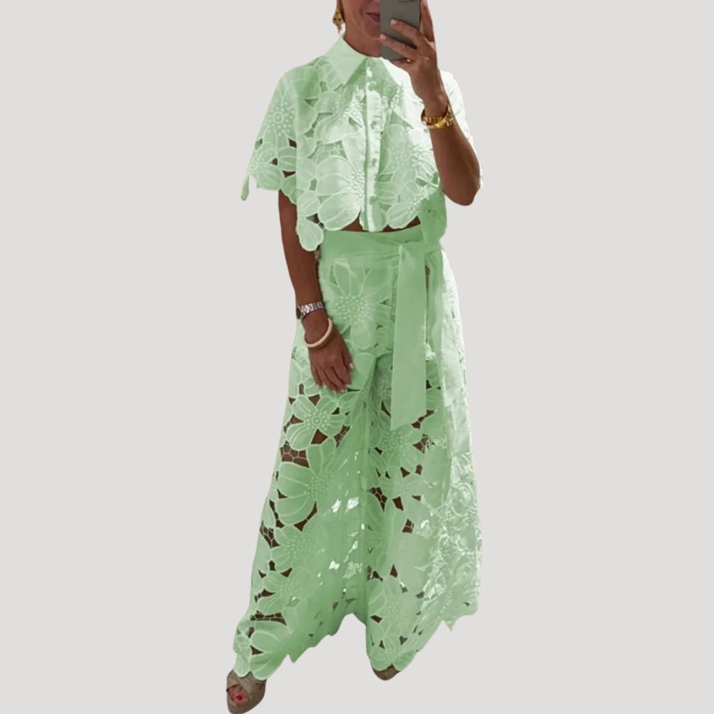 Women’s Floral Two Piece Pants Set Button Front Shirt Outfit