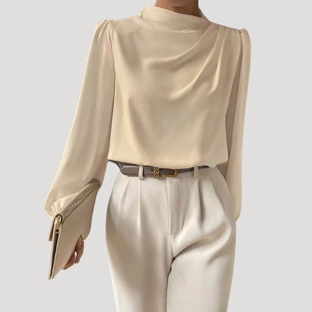 Women’s Draped Blouse High Neck Long Sleeve Elegant Top