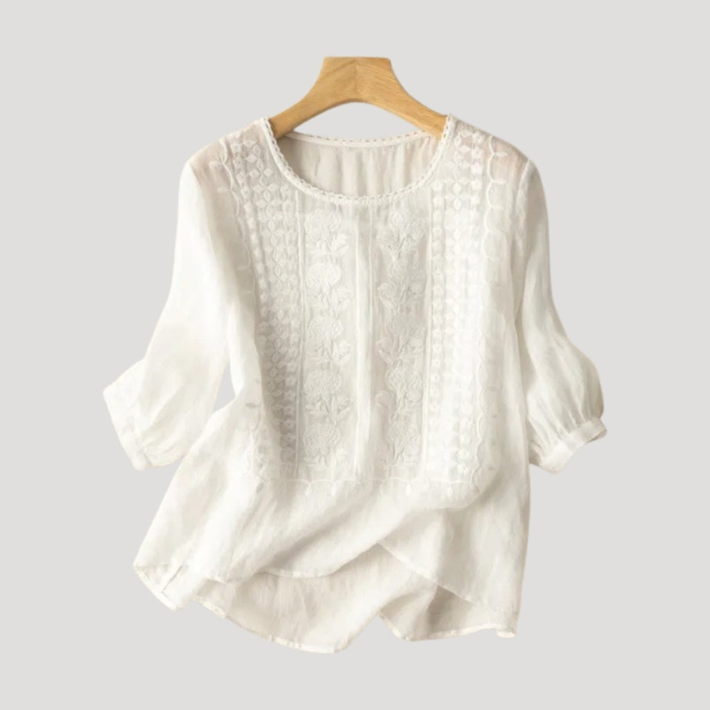 Women’s Embroidered Linen Blouse Relaxed Long Sleeve Top