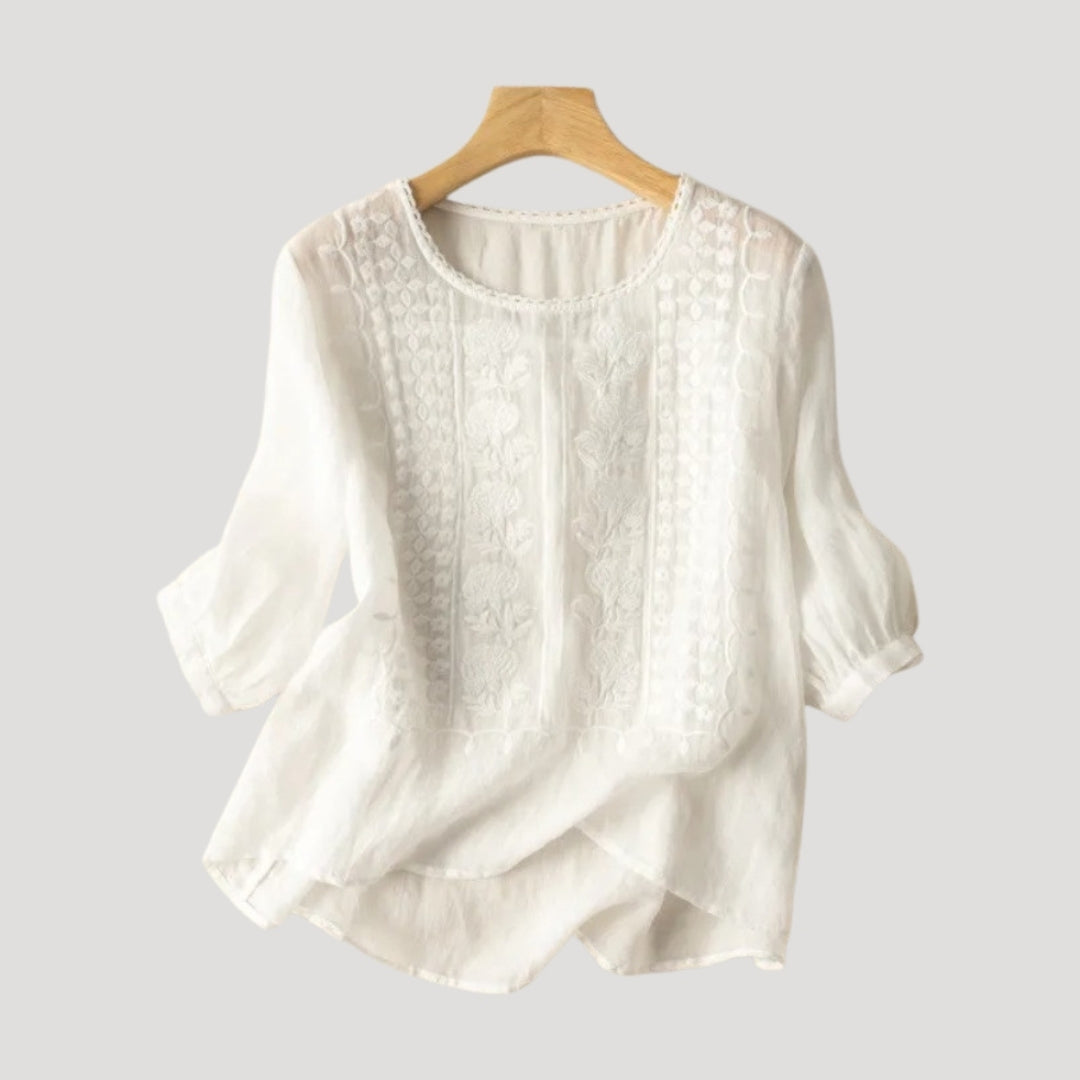 Women’s Embroidered Linen Blouse Relaxed Long Sleeve Top