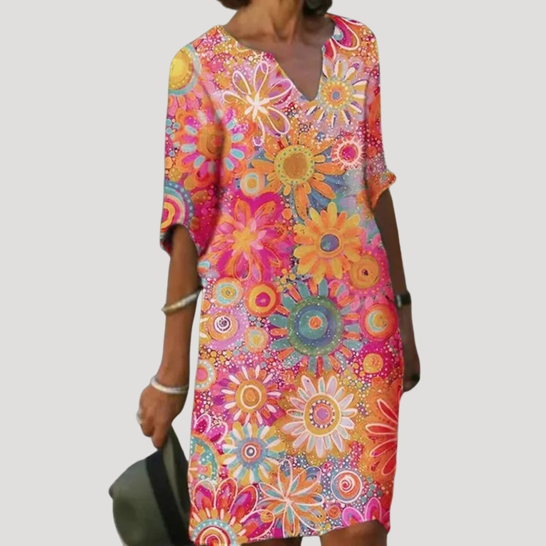 Women’s Floral Dress V Neck Short Sleeve Midi