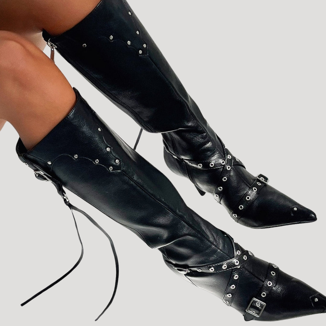 Women’s Knee High Boots Black Heeled Buckle Studded Pointed Toe