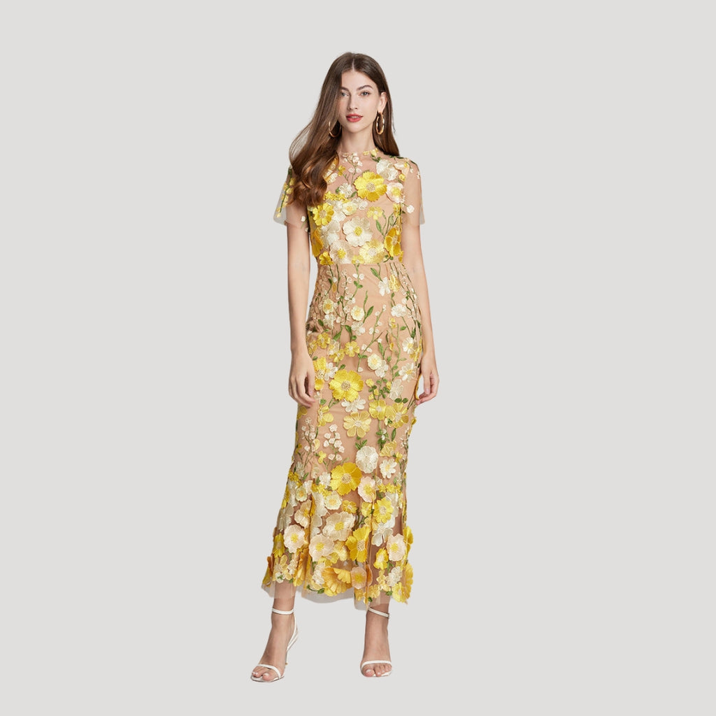 Women’s Summer Dress Floral Midi Sheer Embroidered Bodycon