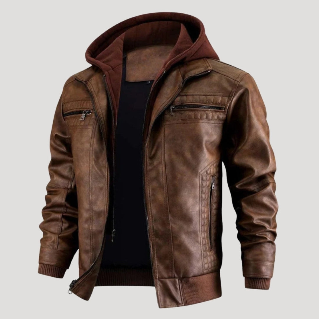 Men’s Hooded Bomber Jacket Zip Front Leather Look
