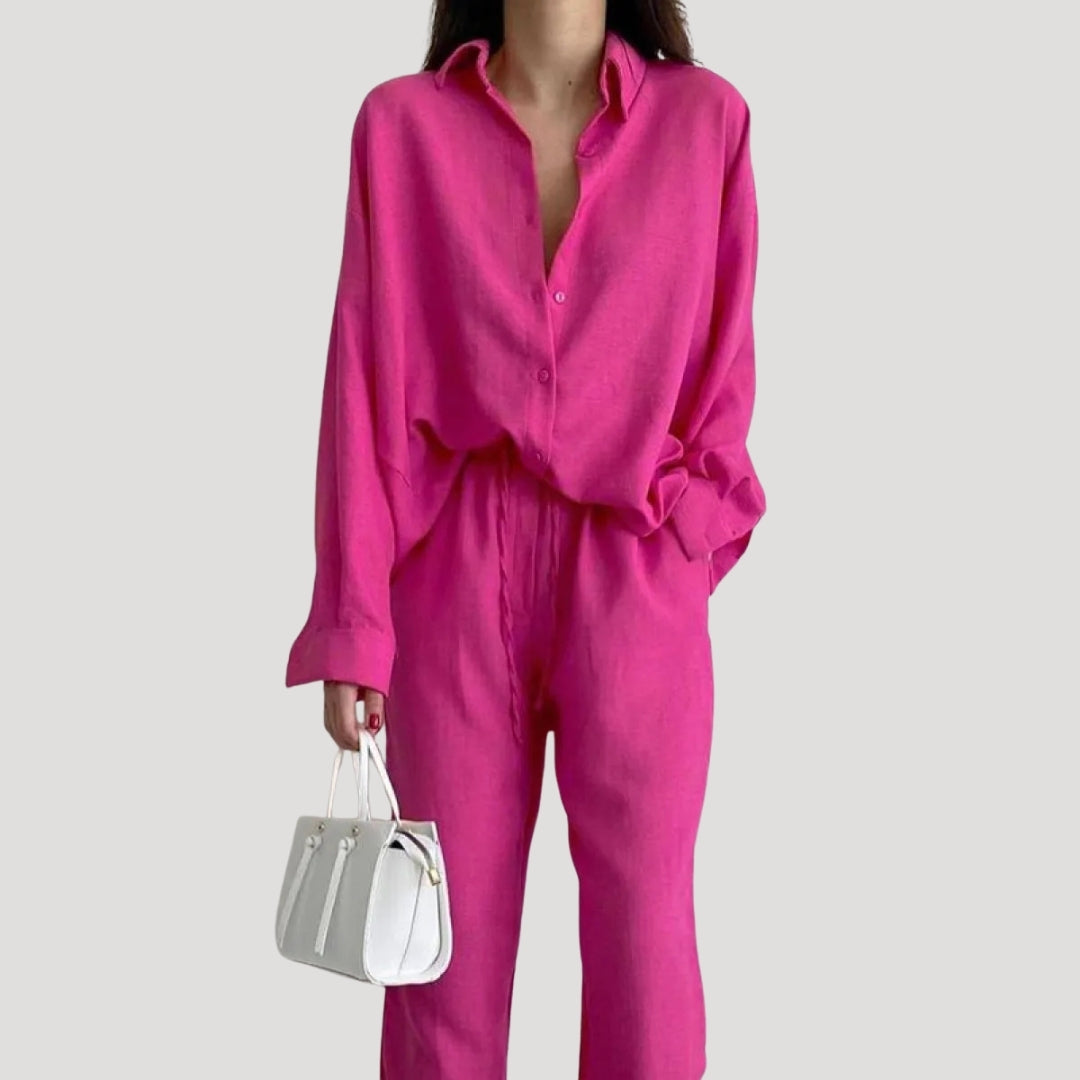 Women’s Linen Pants Set Long Sleeve Shirt Two Piece Outfit
