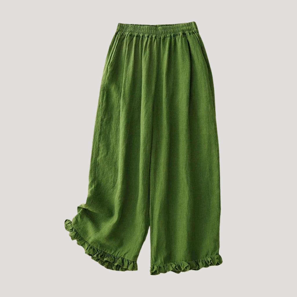 Women’s Wide Leg Pants Cropped Linen Elastic Waist Ruffle Hem Relaxed