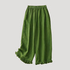 Women’s Wide Leg Pants Cropped Linen Elastic Waist Ruffle Hem Relaxed