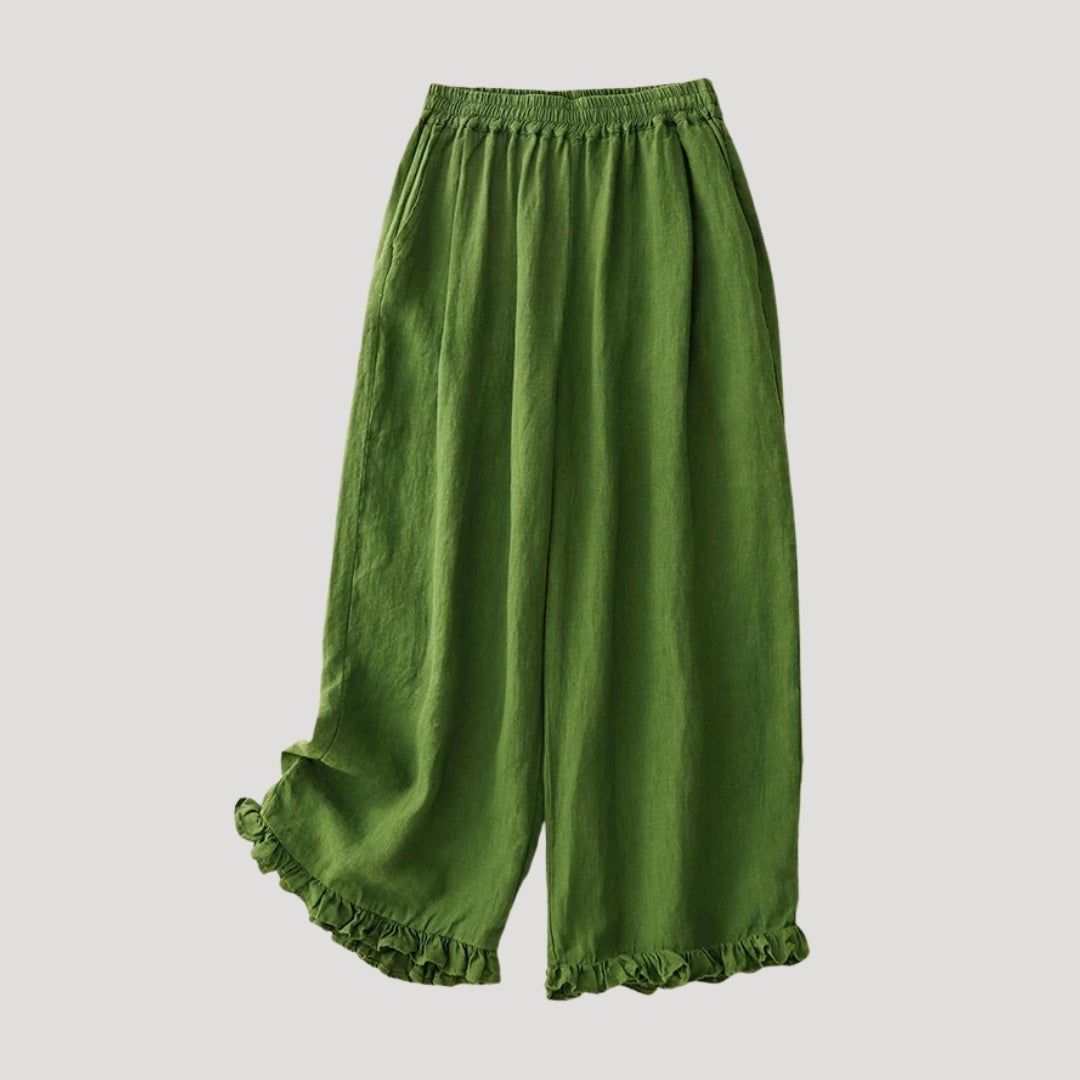 Women’s Wide Leg Pants Cropped Linen Elastic Waist Ruffle Hem Relaxed