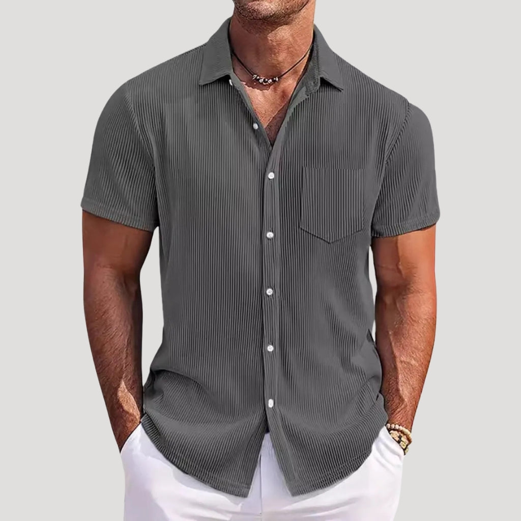 Men’s Ribbed Short Sleeve Button Shirt Casual Summer Top