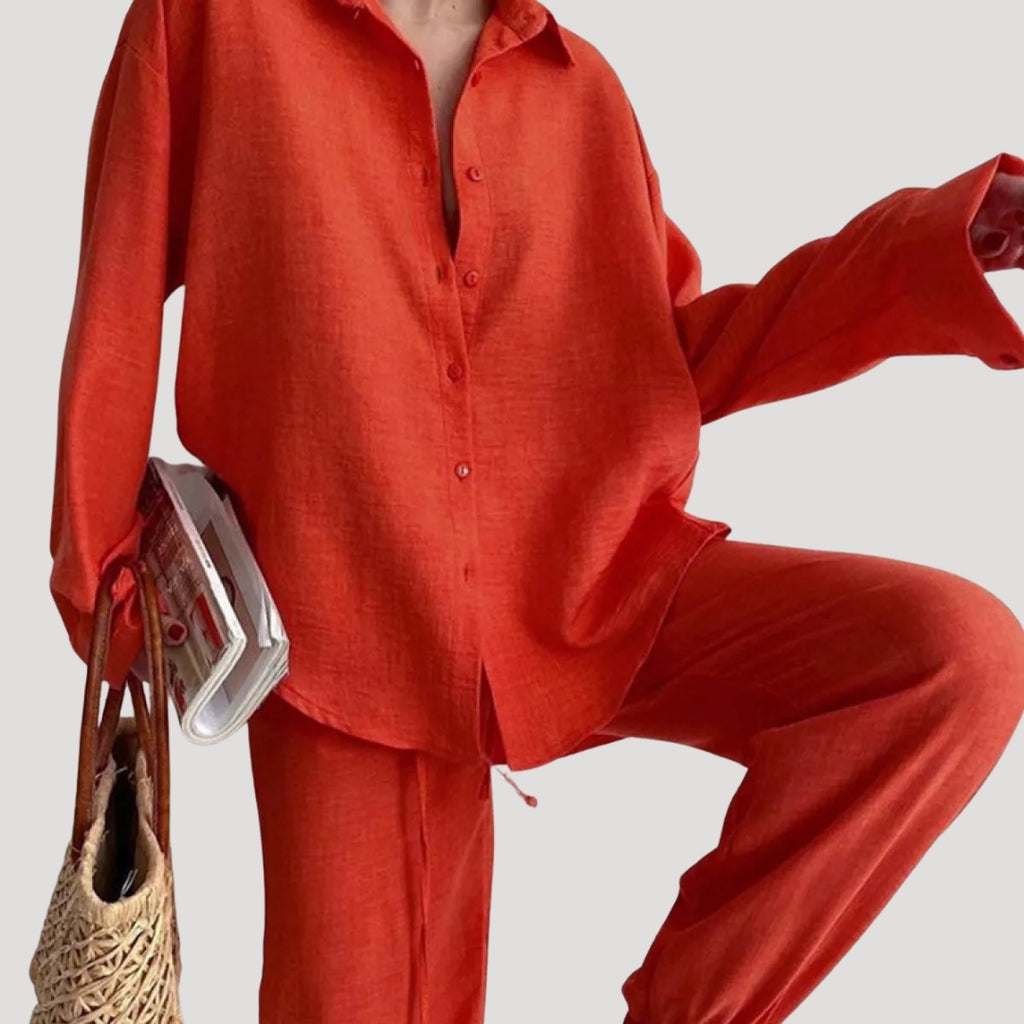 Women’s Linen Pants Set Long Sleeve Shirt Two Piece Outfit