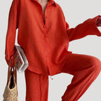 Women’s Linen Pants Set Long Sleeve Shirt Two Piece Outfit