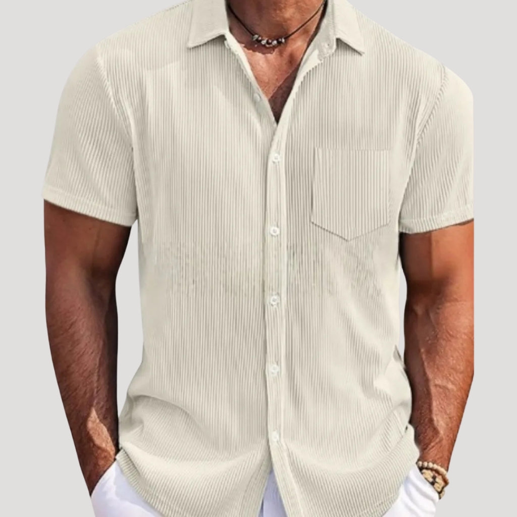 Men’s Ribbed Short Sleeve Button Shirt Casual Summer Top