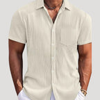 Men’s Ribbed Short Sleeve Button Shirt Casual Summer Top