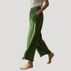 Women’s Wide Leg Pants Cropped Linen Elastic Waist Ruffle Hem Relaxed