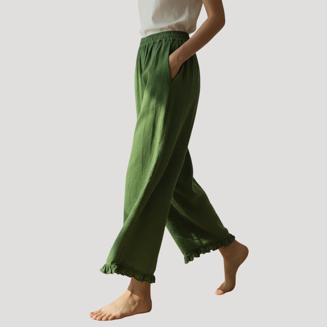 Women’s Wide Leg Pants Cropped Linen Elastic Waist Ruffle Hem Relaxed