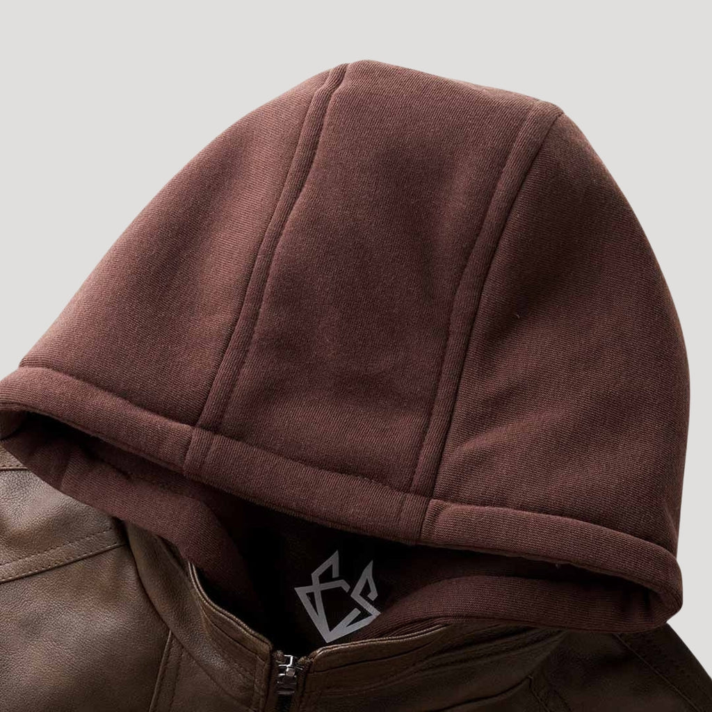 Men’s Hooded Bomber Jacket Zip Front Leather Look