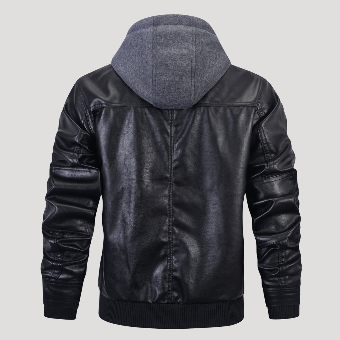 Men’s Black Leather Hooded Bomber Jacket With Zip Pockets