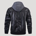 Men’s Black Leather Hooded Bomber Jacket With Zip Pockets