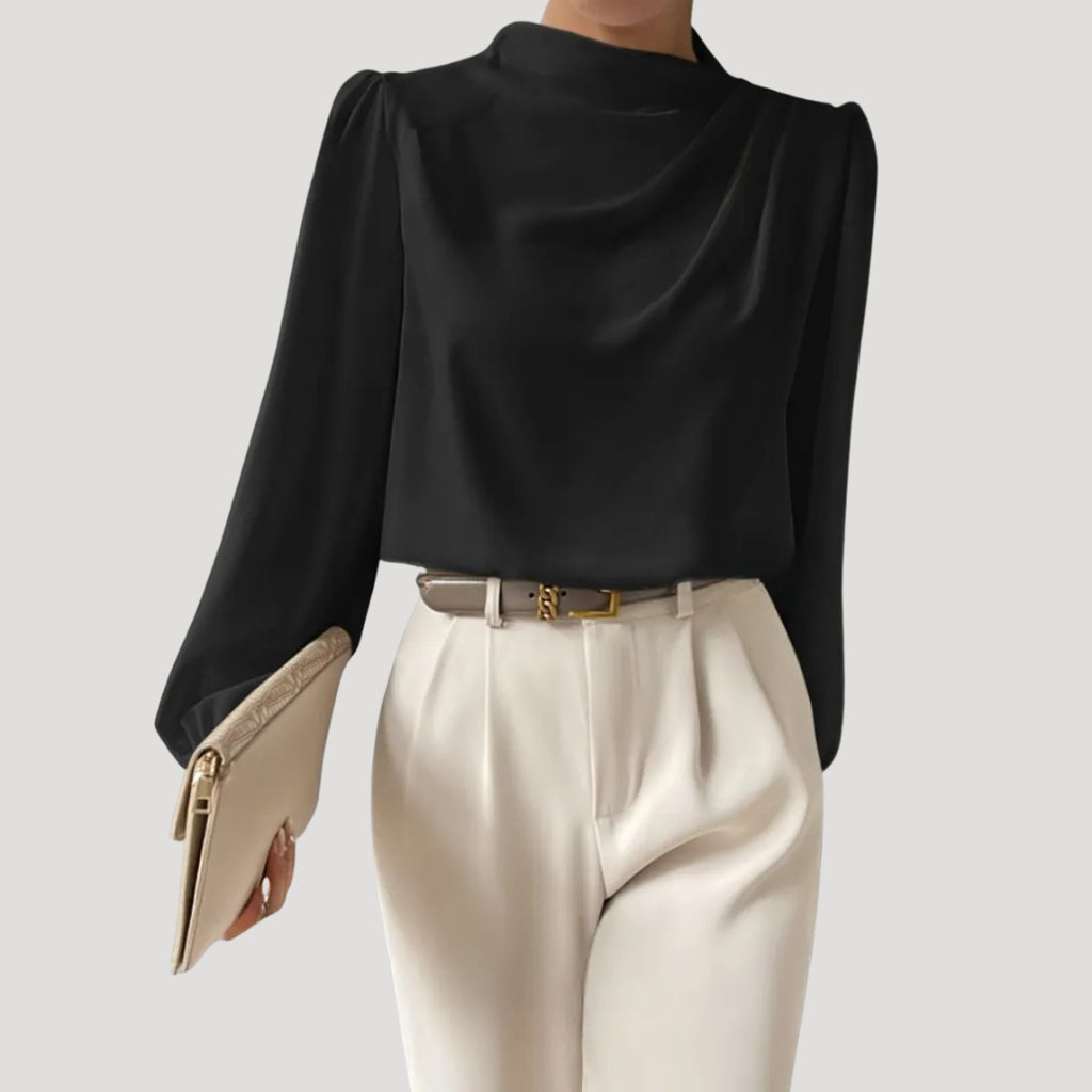 Women’s Draped Blouse High Neck Long Sleeve Elegant Top