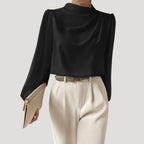Women’s Draped Blouse High Neck Long Sleeve Elegant Top