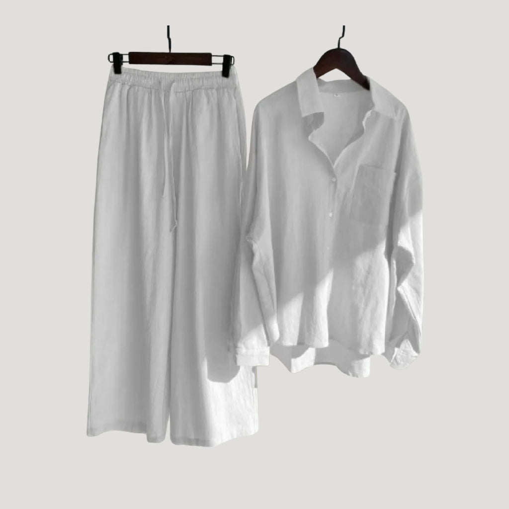Women’s Linen Shirt Wide Leg Pants Matching Two Piece Set
