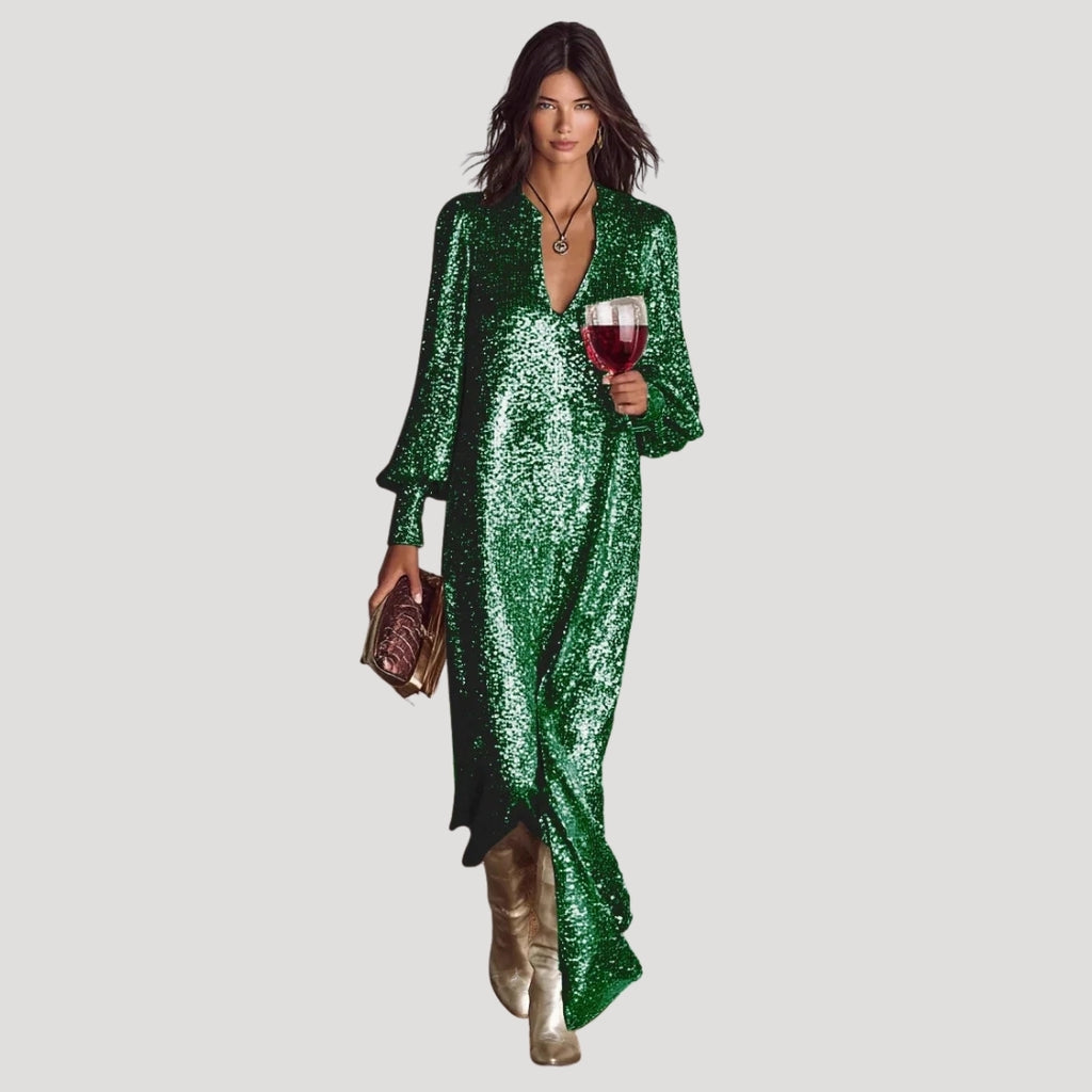 Women’s Formal Dress Sequin Maxi Long Sleeve V Neck
