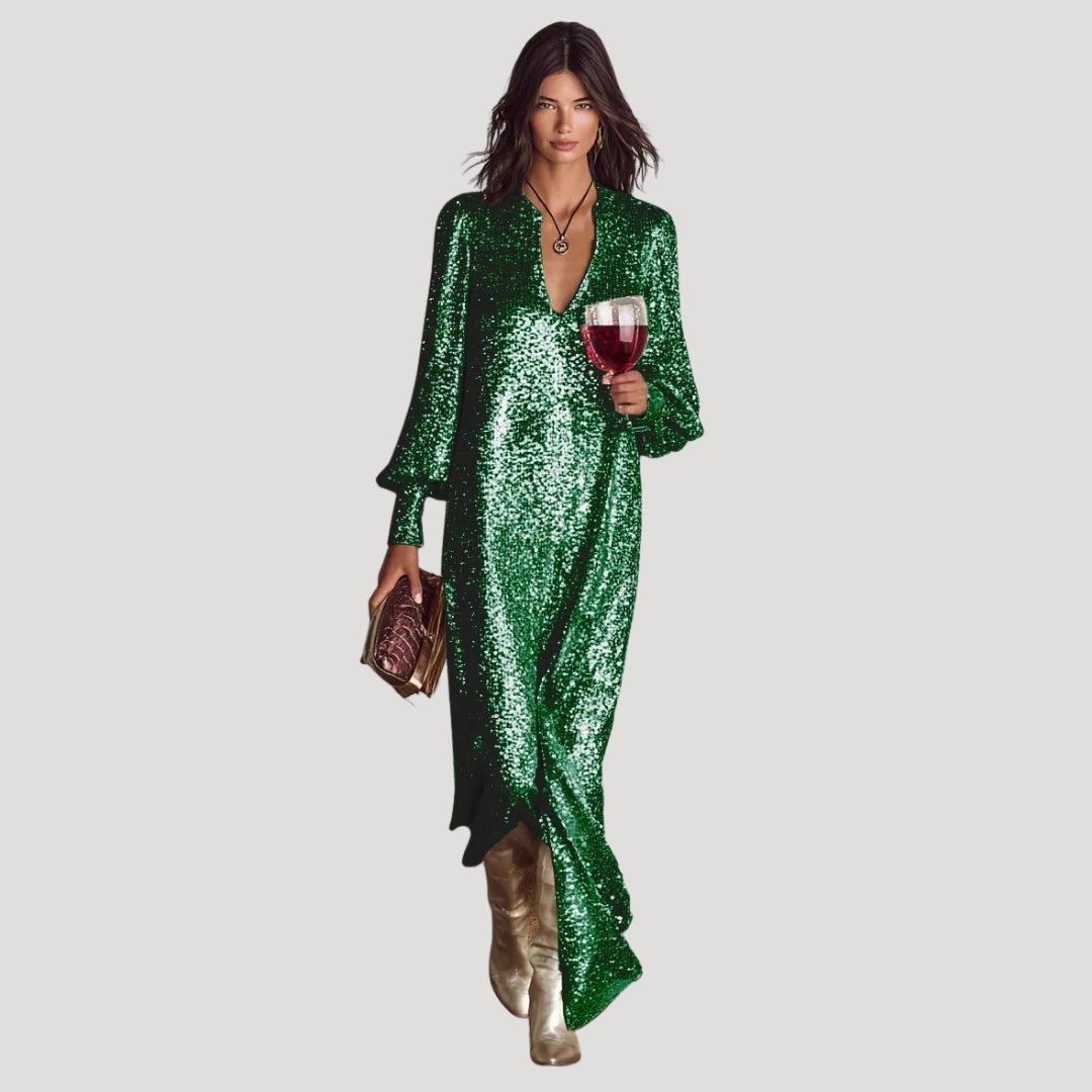 Women’s Formal Dress Sequin Maxi Long Sleeve V Neck