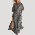Women’s Maxi Dress Striped One Shoulder Summer Flowy Casual