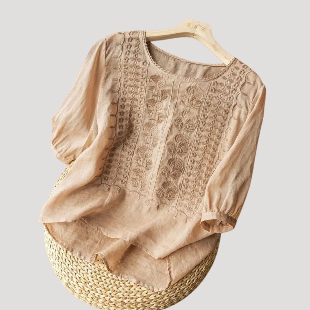 Women’s Embroidered Linen Blouse Relaxed Long Sleeve Top