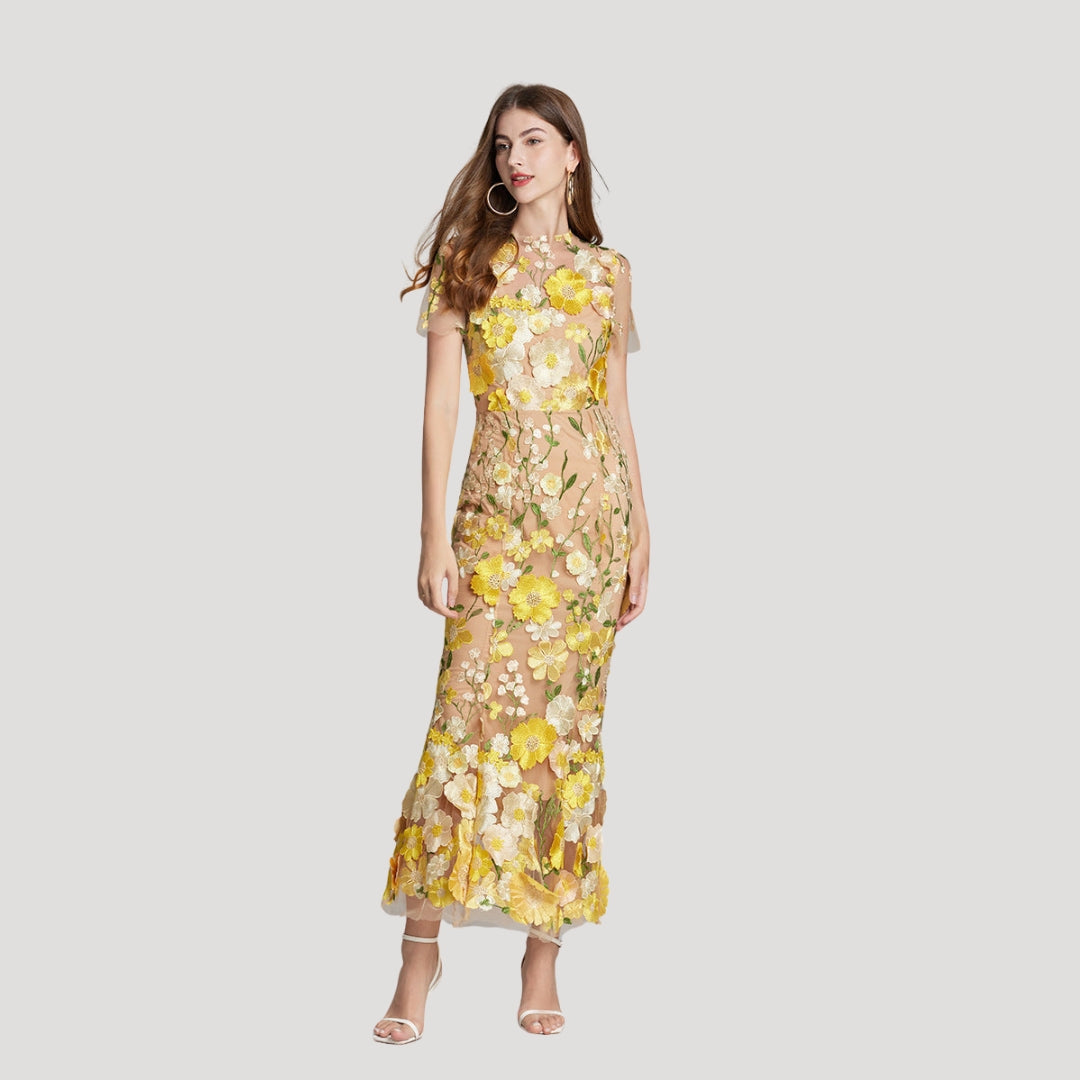 Women’s Summer Dress Floral Midi Sheer Embroidered Bodycon