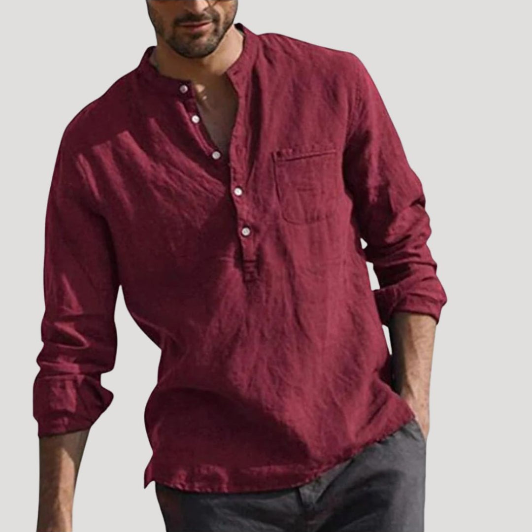 Men Linen Shirt Grandad Collar Long Sleeve Relaxed Fit