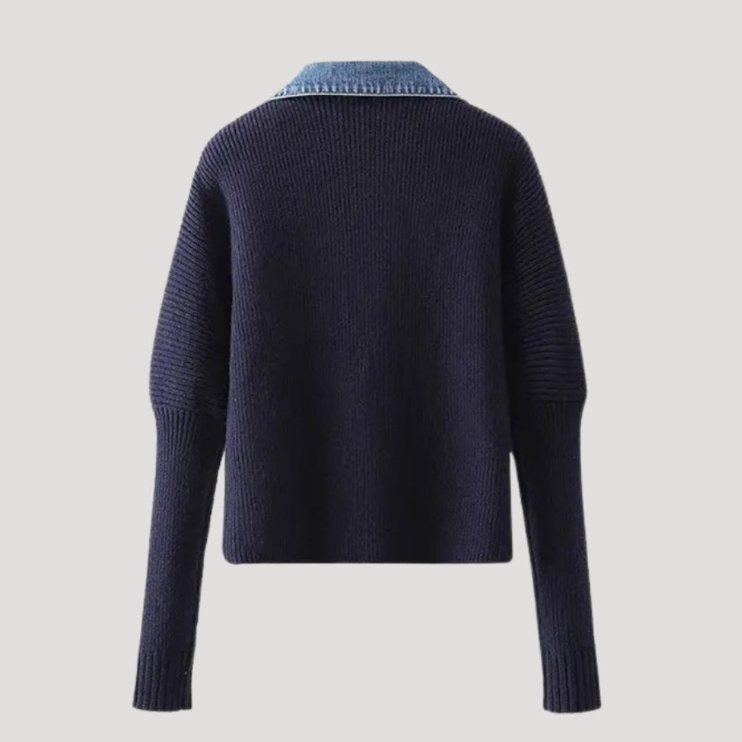 Women’s Knit Cardigan Denim Trim Button Front Sweater