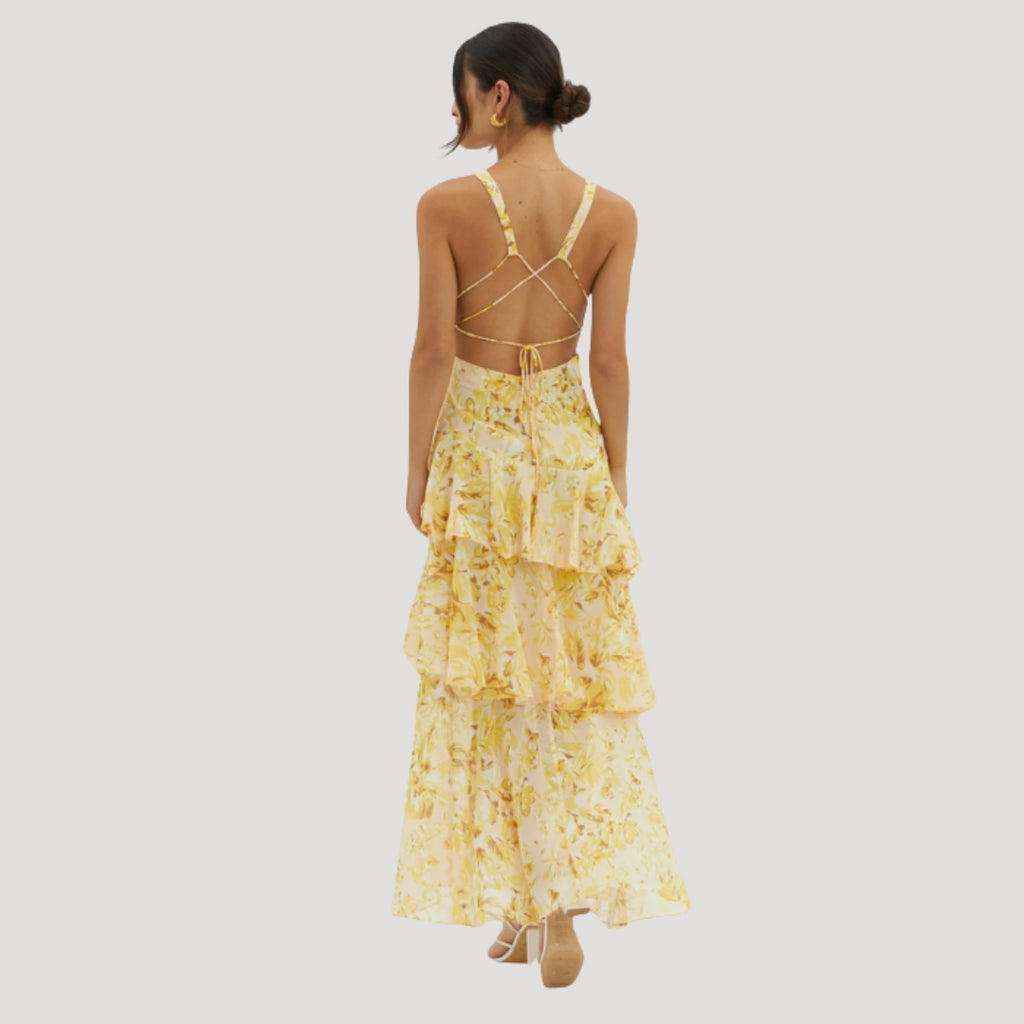 Women’s Summer Dress Floral Maxi Ruffle Tiered V Neck