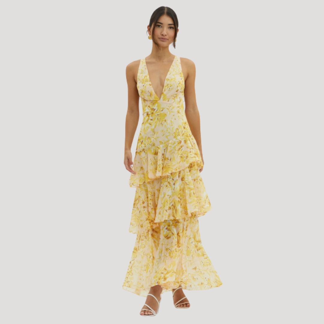 Women’s Summer Dress Floral Maxi Ruffle Tiered V Neck