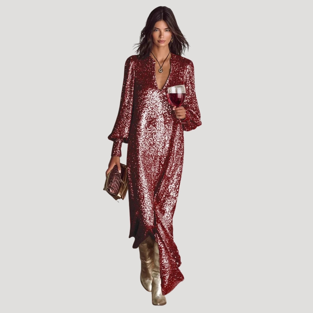 Women’s Formal Dress Sequin Maxi Long Sleeve V Neck