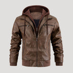 Men’s Hooded Bomber Jacket Zip Front Leather Look