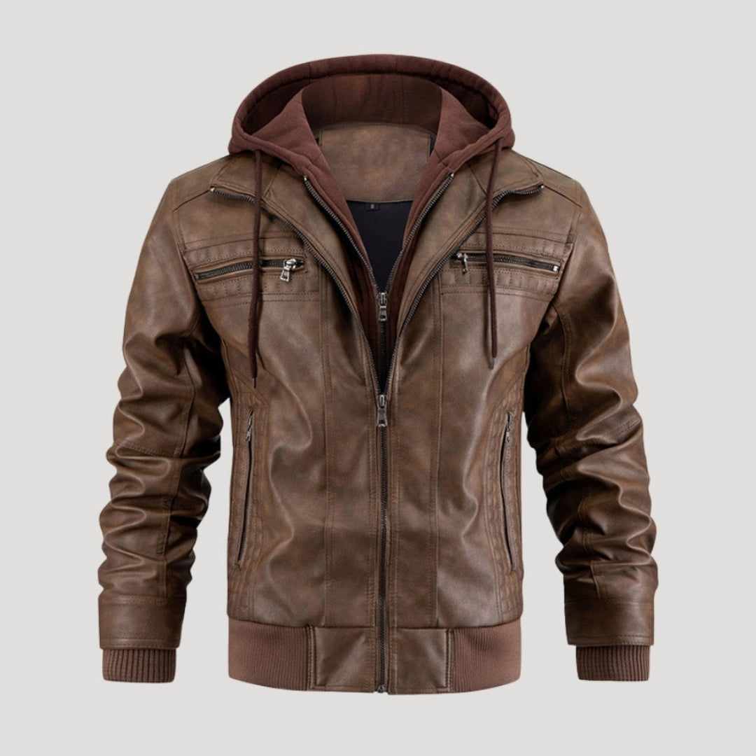 Men’s Hooded Bomber Jacket Zip Front Leather Look