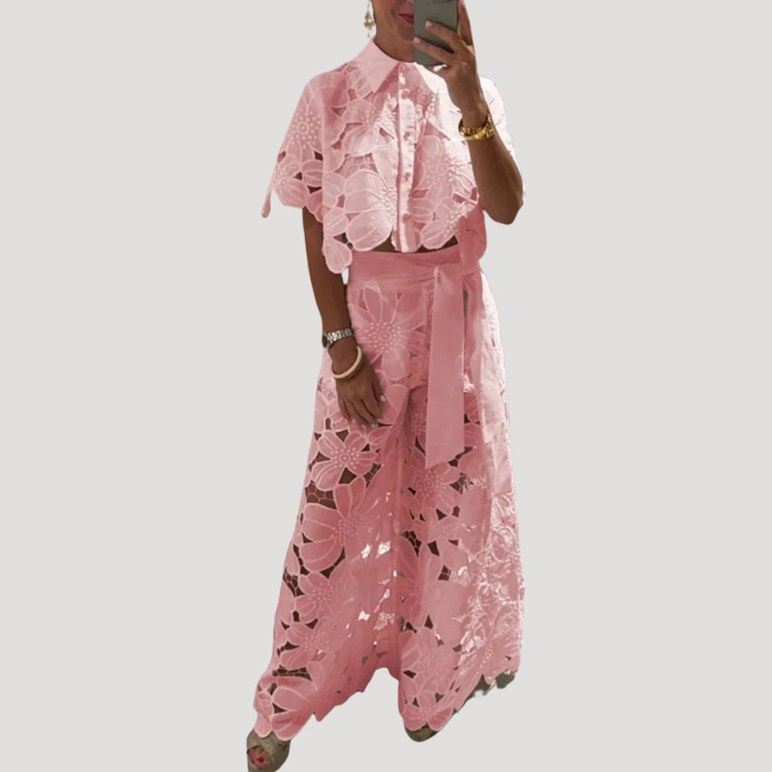 Women’s Floral Two Piece Pants Set Button Front Shirt Outfit
