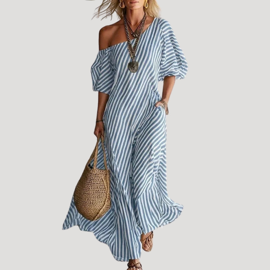 Women’s Maxi Dress Striped One Shoulder Summer Flowy Casual