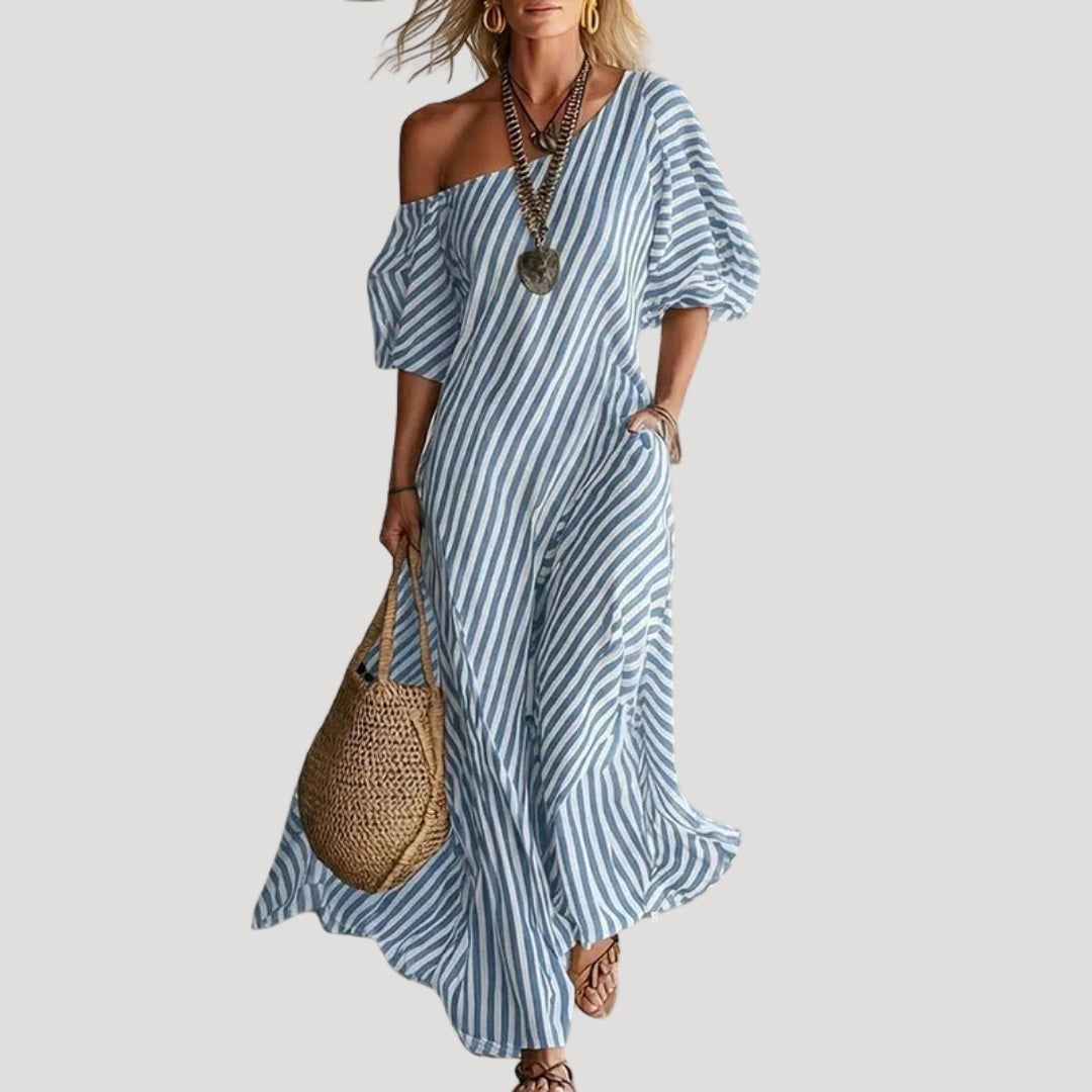 Women’s Maxi Dress Striped One Shoulder Summer Flowy Casual