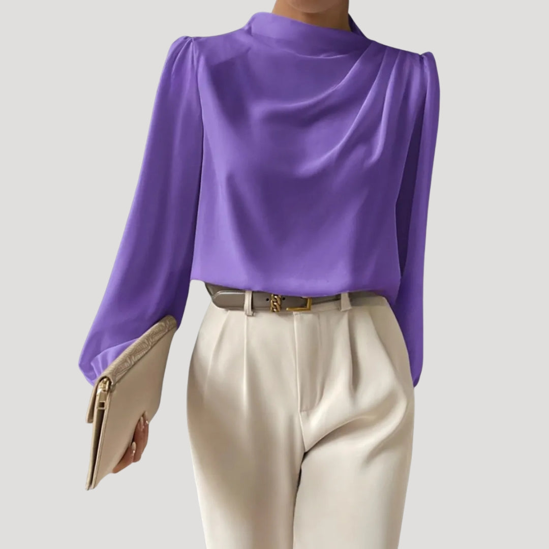 Women’s Draped Blouse High Neck Long Sleeve Elegant Top