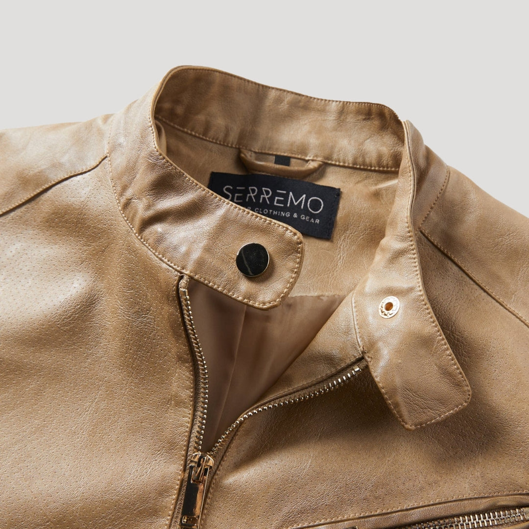 Women’s Leather Moto Jacket Zip Front Tan Casual Outerwear