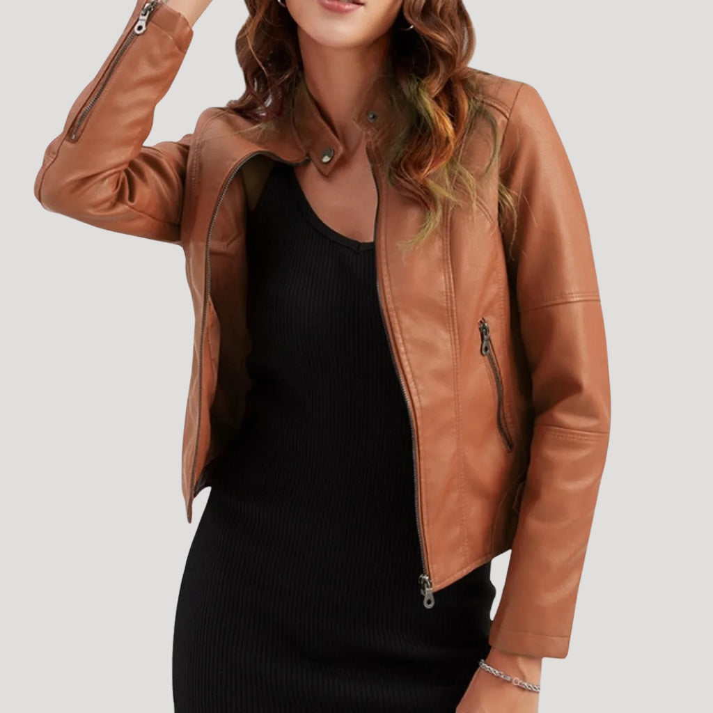 Women’s Faux Leather Biker Jacket Zip Front Moto Coat