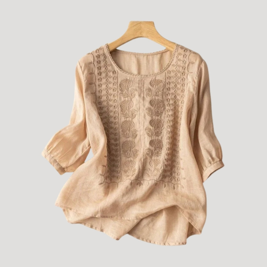 Women’s Embroidered Linen Blouse Relaxed Long Sleeve Top