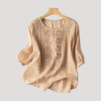 Women’s Embroidered Linen Blouse Relaxed Long Sleeve Top