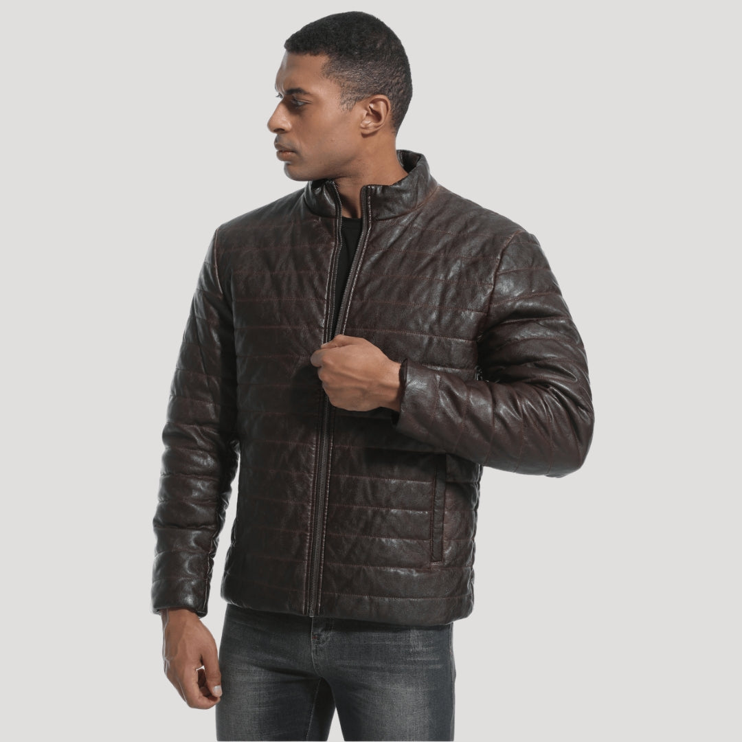 Men’s Brown Quilted Leather Jacket With Stand Collar