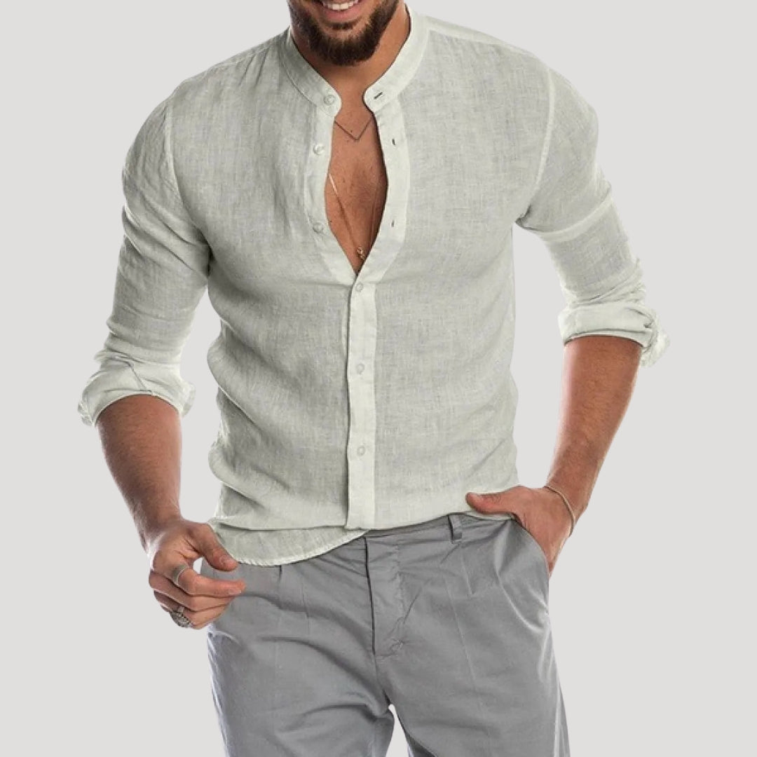 Men’s Linen Shirt Long Sleeve Button Henley Top