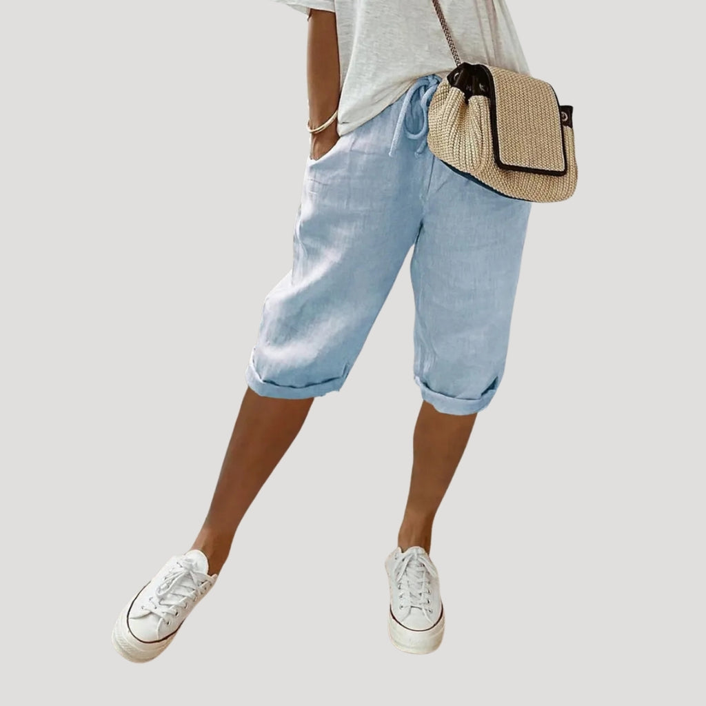 Women Linen Knee Length Shorts Drawstring Loose Fit Casual